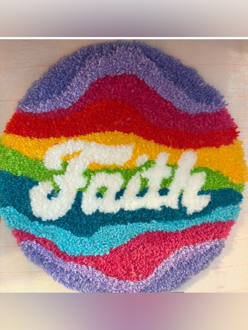 Faith Colorful Round Tufted Wall Art - White Script